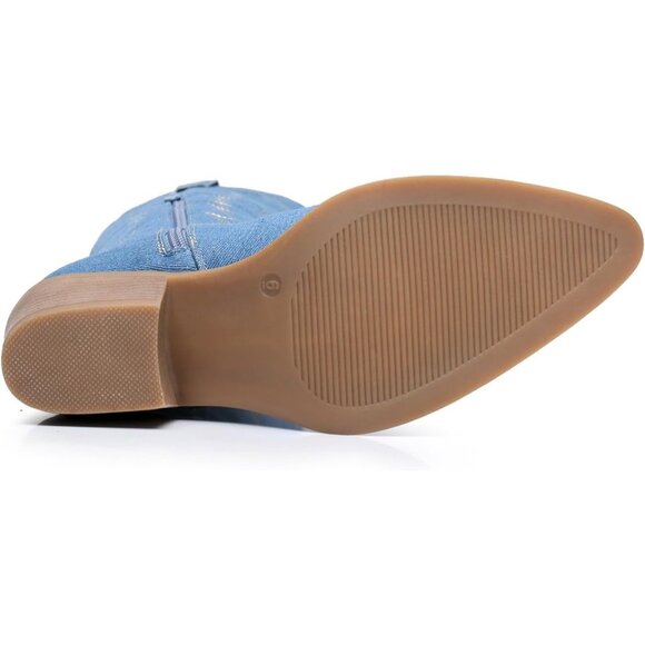 Women's Blue Knee High Long Pointed Toe With Zip Western Cowboy Boots - Picture 6 of 8